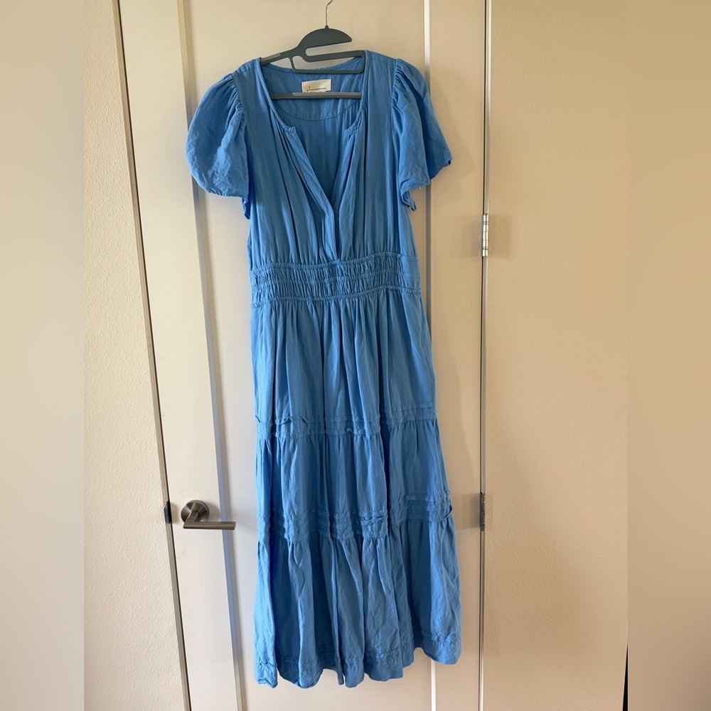 Anthropologie Blue Puff Sleeve Tiered Midi Dress Size Large
